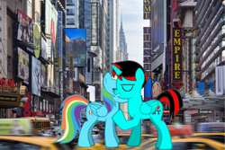 Size: 958x639 | Tagged: safe, artist:jawsandgumballfan24, character:rainbow dash, oc, oc:ethan, species:alicorn, species:pegasus, species:pony, alicorn oc, canon x oc, female, irl, male, new york city, photo, ponies in real life, pony creator, shipping, straight