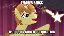 Size: 400x225 | Tagged: safe, artist:jawsandgumballfan24, edit, edited screencap, screencap, character:feather bangs, species:pony, episode:hard to say anything, g4, my little pony: friendship is magic, caption, image macro, male, solo, stallion, text