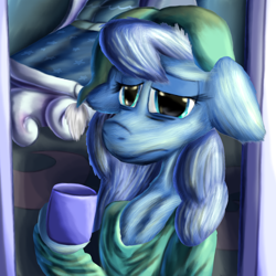 Size: 1584x1584 | Tagged: safe, artist:firefanatic, character:princess luna, species:pony, bags under eyes, bed, bedroom, clothing, fluffy, hat, messy mane, missing horn, mug, nightcap, nightgown, sleepy