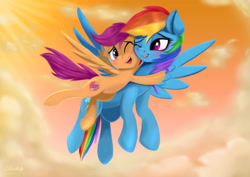 Size: 6000x4250 | Tagged: safe, artist:darksly, character:rainbow dash, character:scootaloo, species:pegasus, species:pony, backwards cutie mark, blushing, cheek squish, cloud, crepuscular rays, crying, cute, cutealoo, duo, ear fluff, female, filly, floppy ears, flying, hug, lidded eyes, mare, one eye closed, scootaloo can fly, scootalove, sky, smiling, spread wings, squishy cheeks, tears of joy, wings, wink