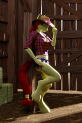 Size: 1620x2430 | Tagged: safe, artist:stellarator, character:apple bloom, species:anthro, species:earth pony, species:pony, species:unguligrade anthro, 3d, barn, blender, bow, breasts, busty apple bloom, clothing, cowgirl outfit, crepuscular rays, cycles, daisy dukes, dramatic pose, female, hat, hay, hay bale, mare, midriff, not sfm, older, older apple bloom, shorts, slow motion, smiling, solo