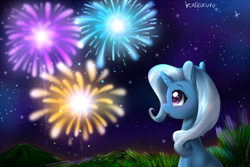 Size: 3000x2000 | Tagged: safe, artist:kaikururu, character:trixie, species:pony, species:unicorn, cute, diatrixes, female, fireworks, high res, lavender, looking at something, mare, night, profile, sitting, solo, starry eyes, stars, wingding eyes