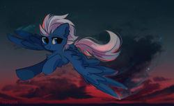 Size: 2449x1494 | Tagged: safe, artist:mirtash, rcf community, character:night glider, species:pony, cheek fluff, chest fluff, cloud, cute, dusk, ear fluff, female, flight trail, flying, glideabetes, mare, sky, smiling, solo, spread wings, wings