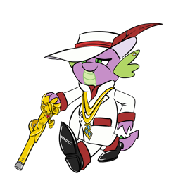 Size: 1002x1032 | Tagged: safe, artist:bunnimation, character:rarity, character:spike, species:dragon, cane, clothing, feather, hat, male, pimp, simple background, solo, swag, transparent background, walking