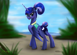 Size: 6300x4550 | Tagged: safe, artist:darksly, character:princess luna, species:alicorn, species:pony, episode:between dark and dawn, g4, my little pony: friendship is magic, beach, butt, clothing, female, looking back, mare, ocean, plot, ponytail, shirt, sky, smiling, tail bun, wings