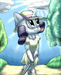 Size: 1584x1944 | Tagged: safe, artist:firefanatic, character:rarity, species:pony, boots, clothing, dress, gloves, hat, shoes, smiling, sun hat, tree, umbrella