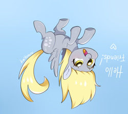 Size: 1732x1543 | Tagged: safe, artist:kaikururu, character:derpy hooves, species:pegasus, species:pony, blue background, colored pupils, cute, derpabetes, derpy being derpy, dialogue, ear fluff, female, flying, gradient background, heart, how, looking at you, mare, open mouth, silly, silly pony, simple background, smiling, solo, spread wings, text, underhoof, upside down, wings