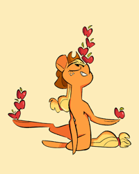 Size: 643x805 | Tagged: safe, artist:fluttershythekind, character:applejack, species:earth pony, species:pony, apple, balancing, female, food, mare, raised hoof, raised leg, simple background, sitting, solo, yellow background