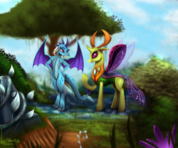 Size: 6000x5000 | Tagged: safe, artist:darksly, character:princess ember, character:thorax, species:changeling, species:dragon, species:reformed changeling, absurd resolution, bush, commission, dragoness, female, raised hoof, reward, rock, scenery, tree