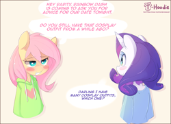 Size: 1881x1365 | Tagged: safe, artist:hoodie, character:fluttershy, character:rarity, blush sticker, blushing, clothing, dialogue, duo, hoodie, implied flutterdash, implied lesbian, implied rainbow dash, implied shipping, semi-anthro