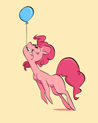 Size: 643x805 | Tagged: safe, artist:fluttershythekind, character:pinkie pie, species:earth pony, species:pony, balloon, cute, diapinkes, female, floating, mare, mouth hold, orange background, simple background, solo, then watch her balloons lift her up to the sky, yellow background