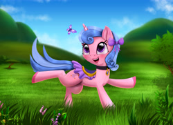 Size: 6300x4550 | Tagged: safe, artist:darksly, character:royal ribbon, species:pony, species:unicorn, absurd resolution, butterfly, commission, female, grass field, mare, open mouth, reward, scenery, solo, tree