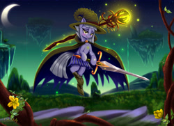 Size: 6300x4550 | Tagged: safe, artist:darksly, character:limestone pie, species:earth pony, species:pony, absurd resolution, commission, crescent moon, fantasy, female, levitation, magic, magical girl, moon, night, reward, scenery, scepter, solo, stars, sword, telekinesis, weapon
