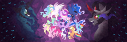 Size: 6000x2000 | Tagged: safe, artist:tenebristayga, character:applejack, character:fluttershy, character:king sombra, character:pinkie pie, character:princess cadance, character:princess celestia, character:princess luna, character:queen chrysalis, character:rainbow dash, character:rarity, character:twilight sparkle, character:twilight sparkle (alicorn), species:alicorn, species:changeling, species:pony, alicorn tetrarchy, armor, bust, clothing, commission, crown, dark magic, fangs, female, jewelry, magic, male, mane six, mare, miasma, rearing, regalia, shoes, spread wings, stained glass, stallion, wings