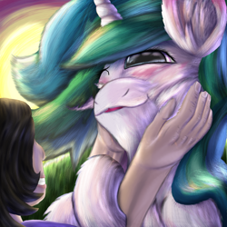 Size: 1584x1584 | Tagged: safe, artist:firefanatic, character:princess celestia, species:human, blushing, cute, digital painting, fluffy, missing accessory, smiling, squishy cheeks, sunrise