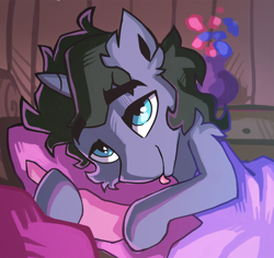 Size: 900x850 | Tagged: safe, artist:saxopi, oc, oc:pi, species:pony, species:unicorn, bed, bedroom eyes, hug, pillow, sheet, solo, tongue out