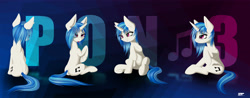 Size: 4200x1650 | Tagged: safe, artist:styroponyworks, character:dj pon-3, character:vinyl scratch, species:pony, species:unicorn, female, frog (hoof), mare, missing accessory, sitting, solo, text, tongue out, underhoof