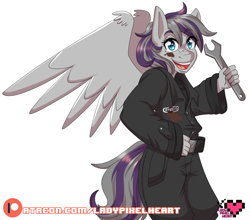 Size: 3400x2989 | Tagged: safe, artist:ladypixelheart, oc, oc only, parent:oc:steelo, parent:twilight velvet, parents:canon x oc, species:anthro, species:pegasus, species:pony, clothing, offspring shipping, oversized clothes, patreon, patreon logo, smiling, solo, spread wings, wings, wrench