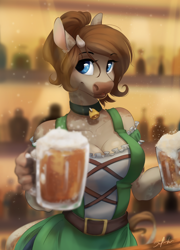 Size: 1800x2500 | Tagged: safe, artist:silentwulv, oc, oc only, oc:mocha latte, species:anthro, species:cow, alcohol, anthro oc, beer, bell, bell collar, big breasts, breasts, cleavage, clothing, cloud, collar, dirndl, dress, drink, female, solo