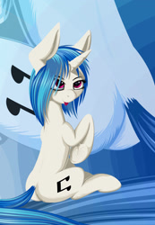 Size: 1800x2600 | Tagged: safe, artist:styroponyworks, character:dj pon-3, character:vinyl scratch, species:pony, species:unicorn, blue background, butt, dock, female, plot, simple background, solo, tongue out