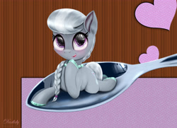 Size: 5400x3900 | Tagged: safe, artist:darksly, character:silver spoon, species:earth pony, species:pony, braid, colored hooves, eye reflection, female, filly, happy, hoof on chest, horse spooning meme, looking at you, meme, namesake, prone, reflection, solo, spoon, three quarter view, tiny ponies