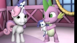 Size: 1280x720 | Tagged: safe, artist:pika-robo, character:rarity, character:spike, character:sweetie belle, species:dragon, species:pony, species:unicorn, ship:spikebelle, 3d, carousel boutique, cute, female, filly, male, plushie, rarity plushie, shipping, smiling, source filmmaker, straight, thumbnail