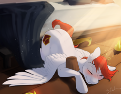 Size: 3300x2550 | Tagged: safe, artist:silentwulv, oc, oc:sunny flare, species:pegasus, species:pony, bed, blushing, drunk, female, solo