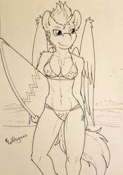 Size: 1960x2808 | Tagged: safe, artist:punk-pegasus, character:spitfire, species:anthro, species:pegasus, species:pony, beach, bikini, clothing, female, monochrome, solo, surfboard, swimsuit, traditional art