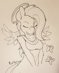 Size: 1960x2388 | Tagged: safe, artist:punk-pegasus, character:fluttershy, species:anthro, bust, butterfly, eyes closed, female, floating wings, halo, monochrome, solo, traditional art, wings