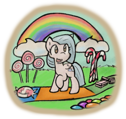 Size: 1088x1028 | Tagged: safe, artist:zutcha, oc, oc:cloudy skies, species:pegasus, species:pony, candy, candy cane, fanfic art, female, food, lollipop, mare, rainbow, solo