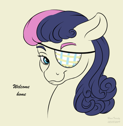 Size: 999x1018 | Tagged: safe, artist:haretrinity, character:bon bon, character:sweetie drops, species:pony, bust, eyepatch, female, portrait, simple background, smiling, solo, welcome home