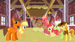 Size: 1167x663 | Tagged: safe, artist:jawsandgumballfan24, character:apple bloom, character:applejack, character:big mcintosh, character:braeburn, character:bright mac, character:granny smith, character:pear butter, oc, species:pony, ship:brightbutter, apple family, apple farm, female, male, shipping, straight