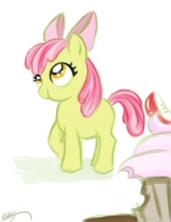 Size: 638x825 | Tagged: safe, artist:bunnimation, character:apple bloom, species:earth pony, species:pony, g4, bow, cupcake, female, filly, hair bow, photoshop, solo