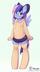 Size: 1066x1915 | Tagged: safe, artist:hoodie, oc, oc only, oc:wind of the skies, bipedal, bow, clothing, hoodie, semi-anthro, shorts, socks, solo