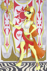 Size: 1632x2447 | Tagged: safe, artist:virenth, oc, oc:hime cut, species:anthro, species:pony, species:unicorn, clothing, female, jewelry, long hair, looking at you, regal, regalia, solo, staff, standing