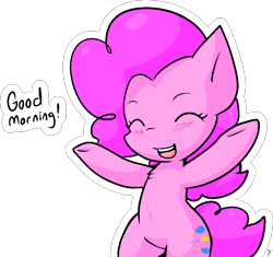 Size: 962x906 | Tagged: safe, artist:zutcha, character:pinkie pie, species:earth pony, species:pony, female, good morning, mare, signature, simple background, solo, text, transparent background