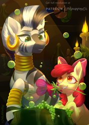 Size: 570x800 | Tagged: safe, artist:helemaranth, rcf community, character:apple bloom, character:zecora, species:earth pony, species:pony, species:zebra, blank flank, bow, bracelet, candle, cauldron, duo, ear piercing, earring, female, filly, flower, foal, grin, hair bow, heart's desire, hooves, jewelry, leg rings, mare, mouth hold, neck rings, patreon, patreon logo, piercing, quadrupedal, smiling