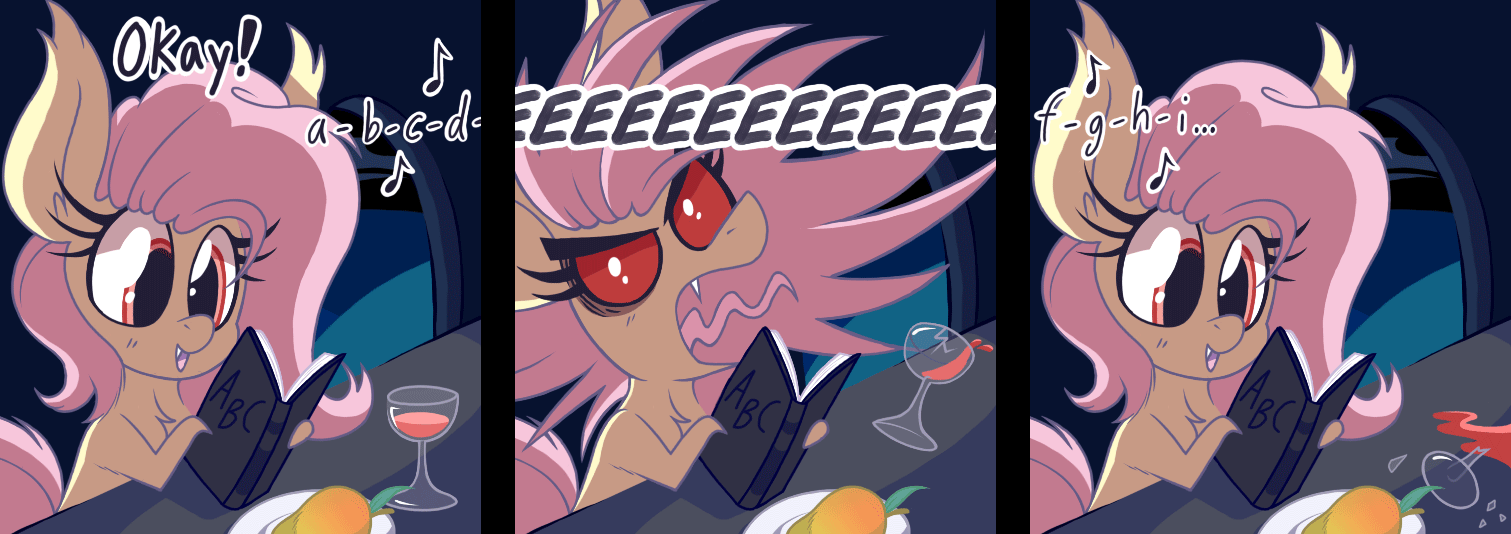 Size: 1511x534 | Tagged: safe, artist:dragonpone, derpibooru original, character:flutterbat, character:fluttershy, species:bat pony, species:pony, alphabet, animated, bat ponified, blood, book, break, chest fluff, comic, dialogue, ear fluff, eeee, eye shimmer, female, food, gif, glass, mango, music notes, open mouth, plate, race swap, reading, screaming, singing, smiling, solo, tongue out, wine glass, younger