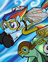 Size: 1275x1650 | Tagged: safe, artist:bunnimation, character:rainbow dash, character:tank, species:pegasus, species:pony, artificial wings, augmented, duo, female, flying, goggles, implied amputation, mare, pet, photoshop, steampunk, turtle, wings