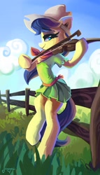 Size: 1600x2797 | Tagged: safe, artist:saxopi, character:fiddlesticks, species:pony, apple family member, cloud, female, fence, fiddle, musical instrument, sitting, solo