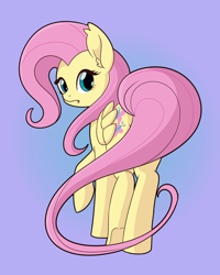 Size: 4800x6000 | Tagged: safe, artist:chedx, character:fluttershy, species:pegasus, species:pony, back, fanart, female, folded wings, looking at you, looking back, looking back at you, mare, raised hoof, simple background, solo, tail, wings