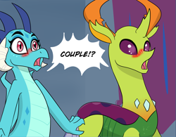 Size: 3277x2557 | Tagged: safe, artist:chedx, character:princess ember, character:thorax, species:changeling, species:dragon, species:reformed changeling, comic:griffonstone's new ambassador, blushing, dragoness, embrax, female, male, shipping, shocked, straight