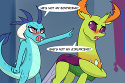 Size: 3677x2441 | Tagged: safe, artist:chedx, character:princess ember, character:thorax, species:changeling, species:dragon, species:reformed changeling, comic:griffonstone's new ambassador, blushing, denial, dragoness, embrax, female, male, protesting, shipping, straight, tsundere