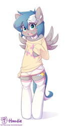 Size: 731x1400 | Tagged: safe, artist:hoodie, oc, oc only, oc:summer memory, bipedal, clothing, semi-anthro, shorts, socks, solo, stockings, sweater, thigh highs, wings