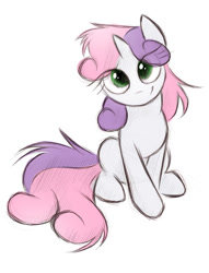 Size: 859x1126 | Tagged: safe, artist:kejifox, character:sweetie belle, species:pony, species:unicorn, g4, cute, diasweetes, eye clipping through hair, female, filly, looking at you, messy mane, simple background, sitting, smiling, solo, white background