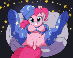 Size: 10000x8000 | Tagged: safe, artist:chedx, character:pinkie pie, species:earth pony, species:pony, bed, dock, fanart, female, frog (hoof), hoofbutt, legs in air, lying down, lying on bed, mare, on back, pillow, simple background, transparent background, underhoof