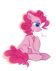 Size: 1259x1592 | Tagged: safe, artist:mirtash, rcf community, character:pinkie pie, species:earth pony, species:pony, chest fluff, crying, dialogue, female, mare, sad, simple background, sitting, solo, white background