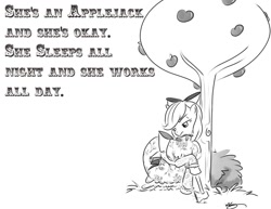Size: 825x638 | Tagged: safe, artist:bunnimation, character:applejack, species:earth pony, species:pony, g4, axe, clothing, crossover, dress, fancy, female, hilarious in hindsight, lumberjack song, mare, monochrome, monty python, photoshop, simple background, solo, text, tree, white background