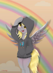 Size: 4550x6300 | Tagged: safe, artist:darksly, character:derpy hooves, species:pegasus, species:pony, bipedal, bottomless, clothing, commission, cute, female, hoodie, open mouth, partial nudity, rainbow, semi-anthro, smiling, solo, spread wings, standing, sweater, wings