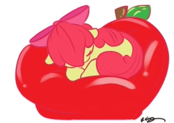 Size: 638x452 | Tagged: safe, artist:bunnimation, character:apple bloom, species:earth pony, species:pony, g4, adorabloom, apple, bed, cute, female, filly, photoshop, simple background, sleeping, solo, white background